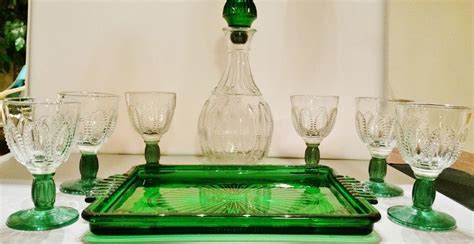 Decanter Set W Tray Vintage Emerald Green Stem Cordial Glasses Pressed Glass Avon Christmas