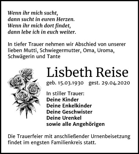 Traueranzeigen Von Lisbeth Reise Abschied Nehmen De