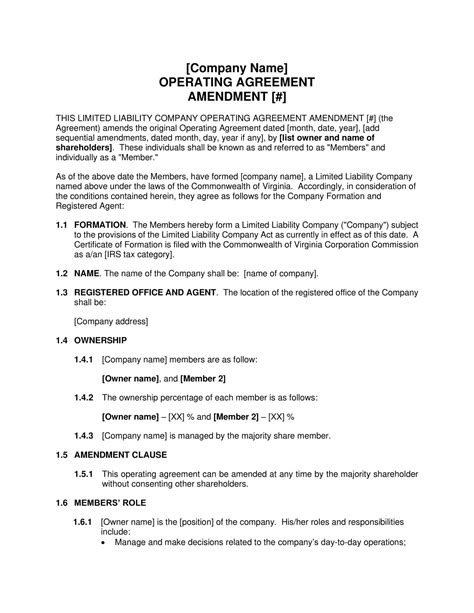 Free Printable Amendment To Llc Operating Agreement Templates