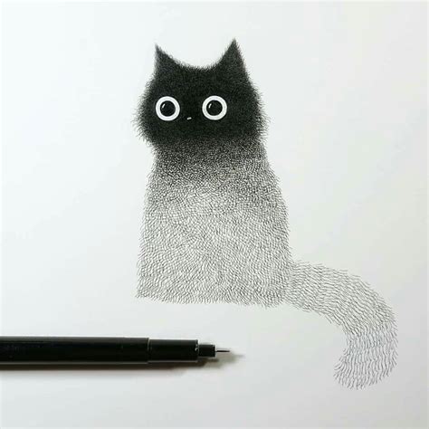 Black Cat Drawing with Eyes on Back and Tail