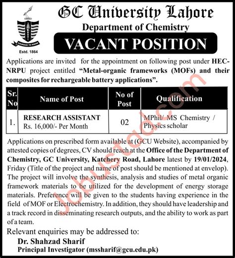 Gcu Lahore Jobs Advertisement 2024 Govt College University