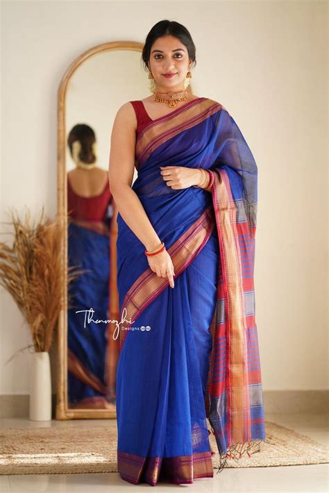 Diva Royal Blue Maheshwari Silk Handloom Cotton Saree Cotton Saree