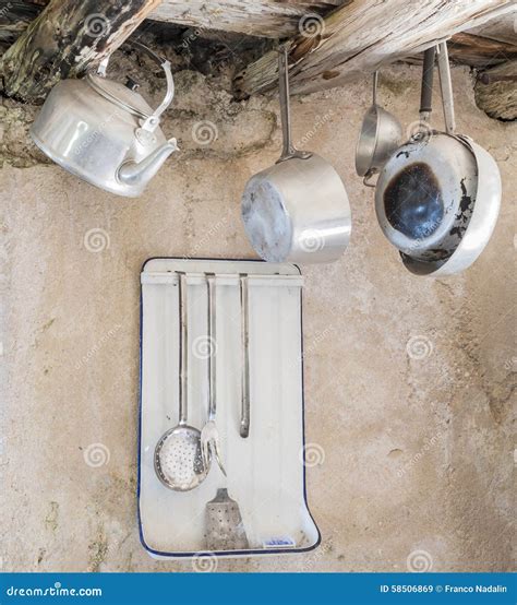 Old Kitchen Utensils In Aluminum Stock Image Image Of Hanging