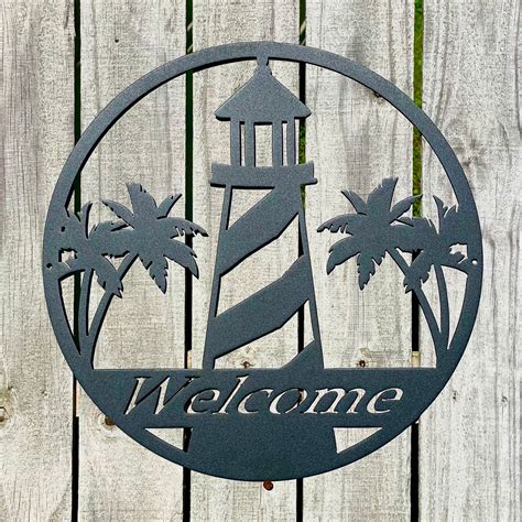 Welcome Sign Light House Palm Trees Shop Metal Welcome Signs