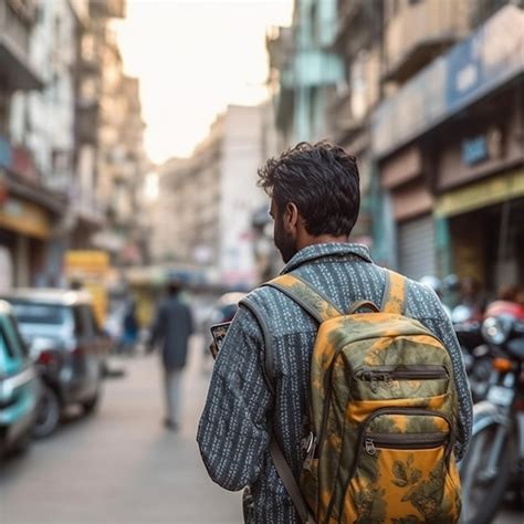 Un Hombre Con Una Mochila Camina Por La Calle Con Un Hombre Con Una