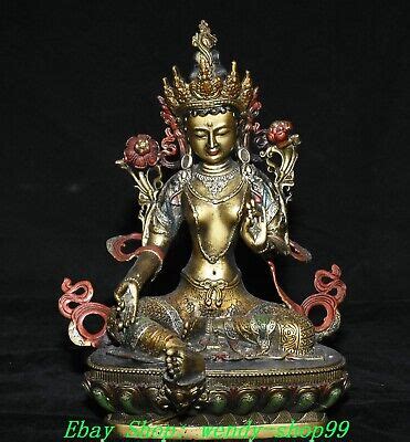 12 Old Tibet Bronze Painting Gilt Green Tara Mahayana Buddhism Goddess