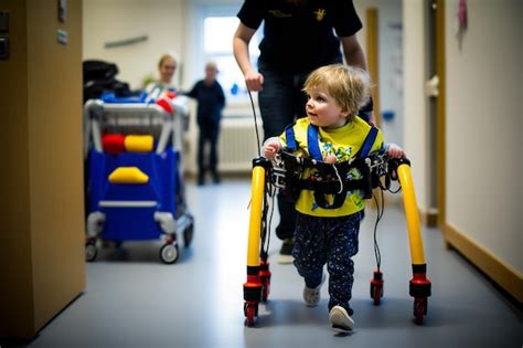 Crian A Paralisia Cerebral Andando Andador Em Fisioterapia