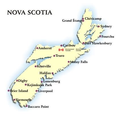 Graphical Map for Weather Conditions and Forecasts for Cities in the Nova Scotia, Canada