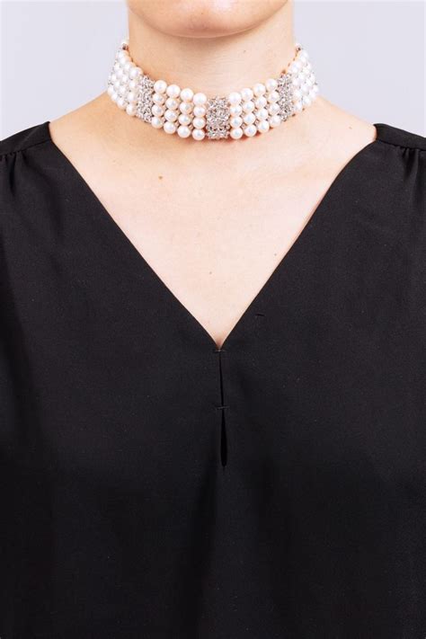 Collier Ras Du Cou Perles De Culture Et Diamants Cultured Pearl And