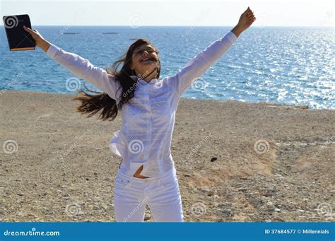 Pretty Lady Jumping With Joy Stock Image Image Of Singing Chance