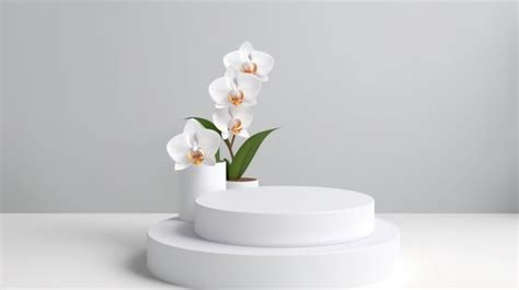 White Vase Of Orchid Sitting On White Pedestal Background 3d Display