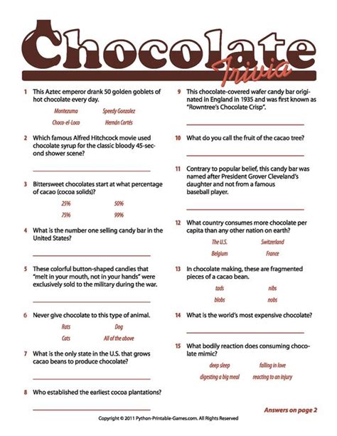 Chocolate Trivia Questions And Answers Printable Printable Word Searches