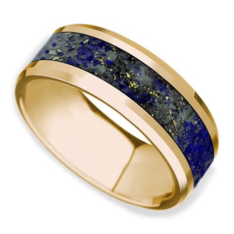 Beveled Blue Lapis Lazuli Inlay Men S Wedding Ring In K Yellow Gold Mm