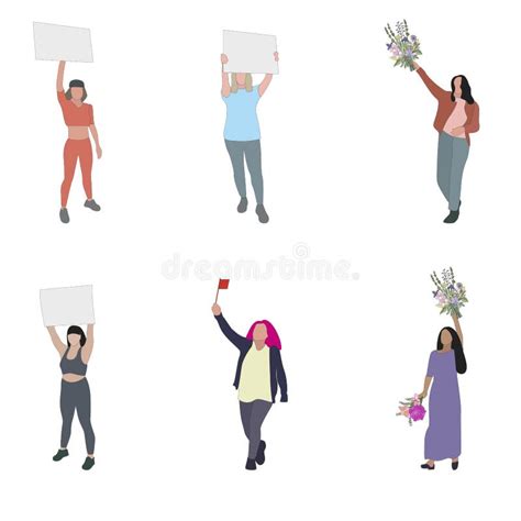 Women Protester Set Isolated Woman And Girl With Placard Stock Vector