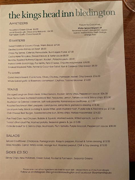 Menu At The Kings Head Inn Pub And Bar Bledington The Grn