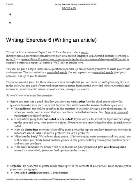 Writing Exercise 6 Writing An Article Igcse Aid Pdf English Language Argument