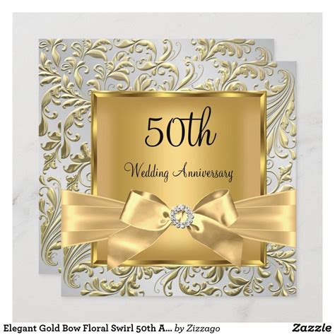 Elegant Gold Bow Floral Swirl 50th Anniversary Sq Invitation Zazzle