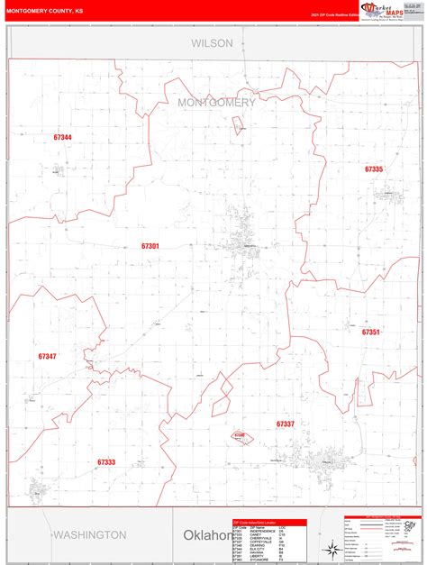 Montgomery County, KS Zip Code Wall Map Red Line Style by MarketMAPS