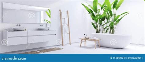 New Modern Zen Bathroom With Tropic Plants 3d Rendering Stock Photo