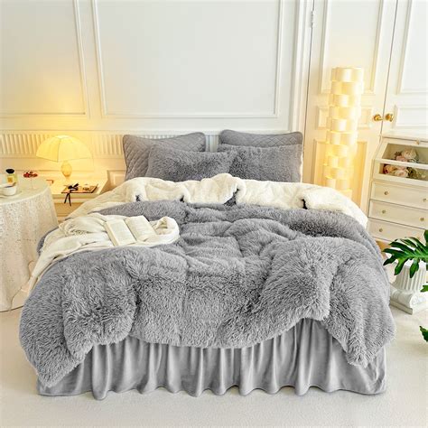 Gray Faux Fur Comforter Set Full Queen Pieces Shaggy Comforter X