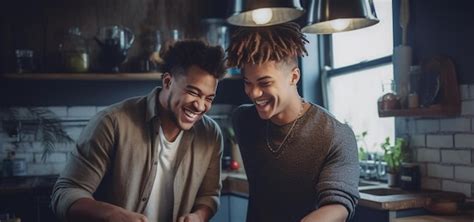 Feliz Y Sexy Pareja Gay Joven Cocinando Comida Juntos En Casa Foto Premium