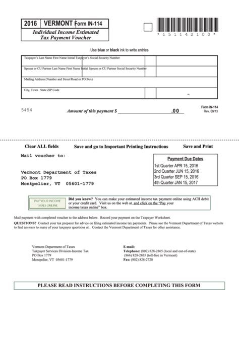 Fillable Form In Vermont Individual Income Estimated Tax Payment