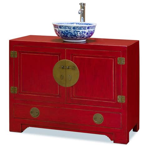 Distressed Red Elmwood Chinese Ming Vanity Cabinet China Furniture