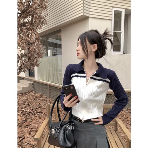 Xiaozhainv Korean Style Fashion Knitted Cardigan Women Polo Collar Slim Top Shopee Malaysia