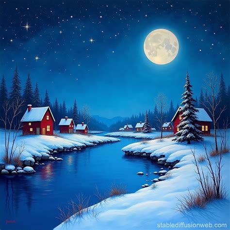 Winter Moonlit Christmas Landscape | Stable Diffusion Online