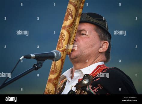 Slovak Folk Musician Lubom R Tatarka Playing The Fujara Most Typical