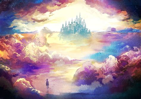 雲の城の絵画、 アートワーク、 ファンタジーアート、 デジタルアート、 星、 雲、 カラフルな城、 Hdデスクトップの壁紙