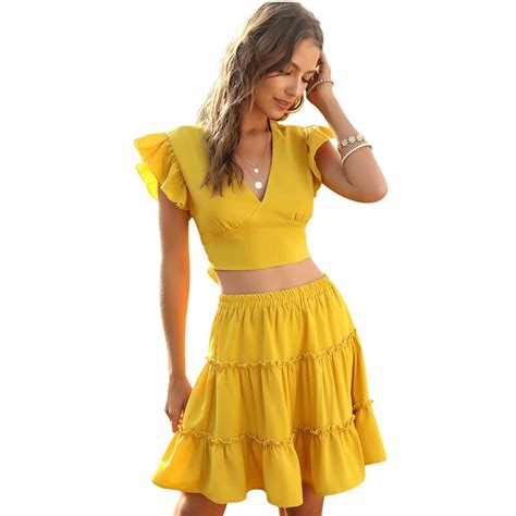 2020 Summer Sexy Yellow Fashion Matching Set Women 2 Piece Set Ruffles V Neck Sleeveless