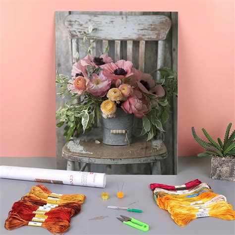 Flower Vase Pre Printed 11ct Cross Stitch Diy Embroidery Patterns Dmc