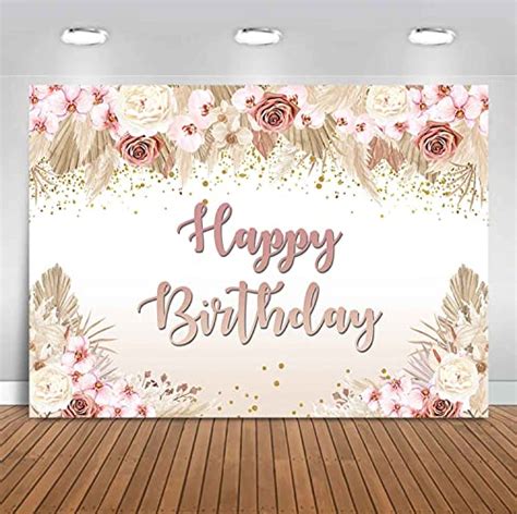 Sensfun Boho Floral Happy Birthday Backdrop Pink Bohemian Flowers