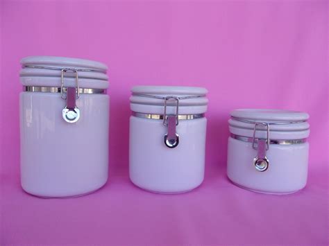 Vintage Dansk Canister Set White Color Locking Lids Seal Tight Lids Silver Hardware For Lids