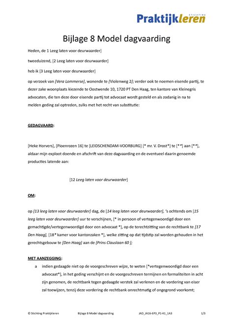 Uitwerking Conceptdagvaarding Bijlage 8 Model Dagvaarding Heden De 1