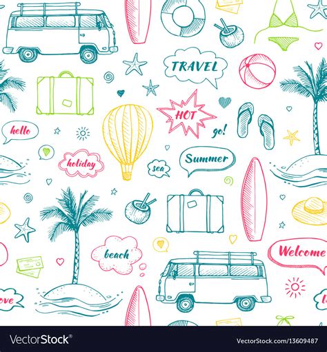 Seamless Pattern Of Hand Drawn Travel Doodle Vector Image