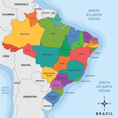 Brazil Country Map With Surrounding Borders 20531023 Vector Art At Vecteezy