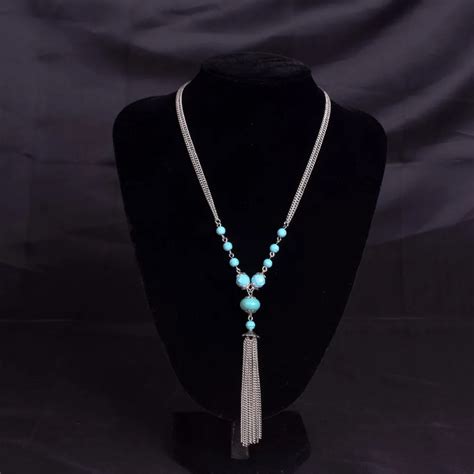 Long tassel necklace, silver chain tassel pendant necklace, tu rquoise ...