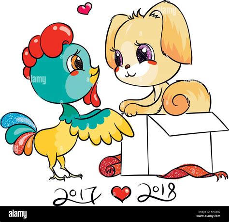 Funny cartoon card with dog and rooster. Symbols of 2017 and 2018 ...