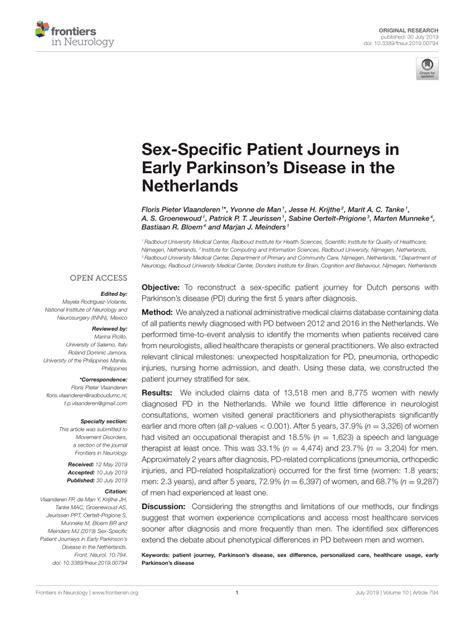 Pdf Sex Specific Patient Journeys In Early Parkinson S Disease In The Netherlands