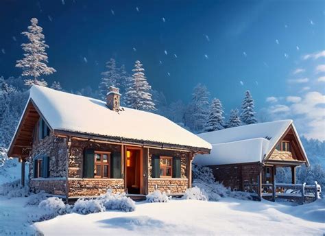 Premium Ai Image Cozy Winter Cabin Snowy Beauty Under Blue Skies