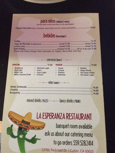 Menu at La Esperanza restaurant, Cutler, Railroad Dr