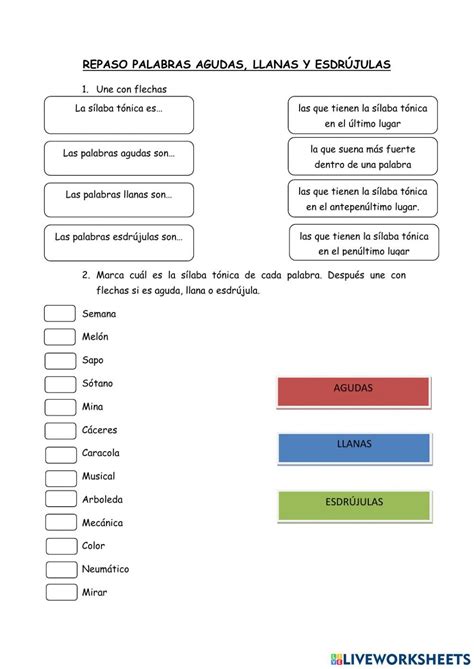 Sílaba tónica y palabras agudas llanas y esdrújulas worksheet Bar