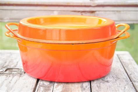 Vintage Orange Flame Enamelled Cast Iron Doufeu Cousances Size 20