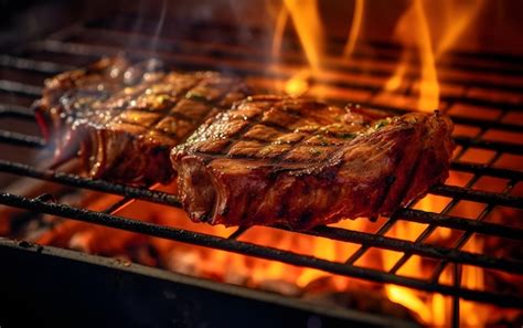 Premium Ai Image Steaks Cooking On A Grill With Flames