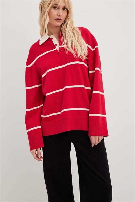 Striped Collar Knitted Sweater Red Na Kd