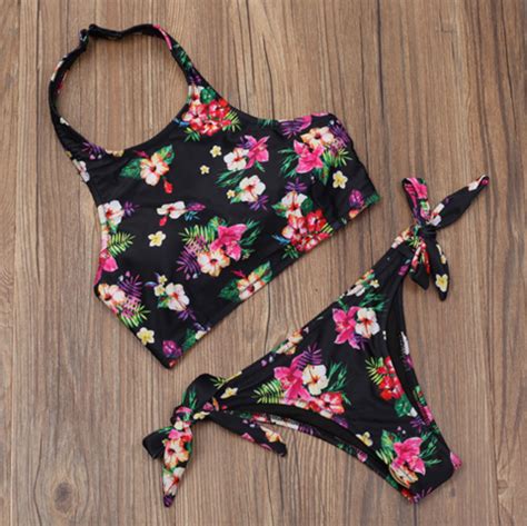 Fashion Sexy High Neck Retro Black Floral Two Piece Bikini On Luulla