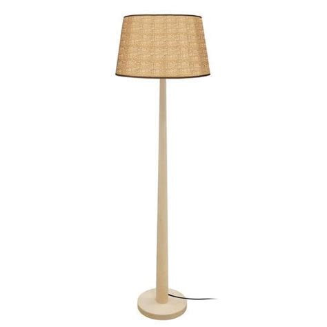 Talin Lampadaire Droit Bois Naturel Abat Jour Tambour Tissu Beige