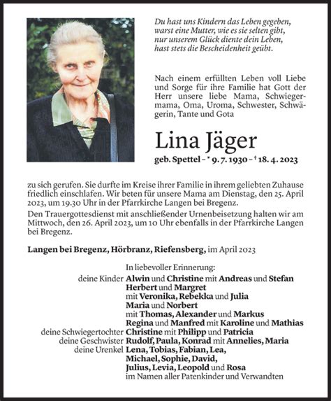 Todesanzeigen von Lina Jäger Todesanzeigen Vorarlberger Nachrichten